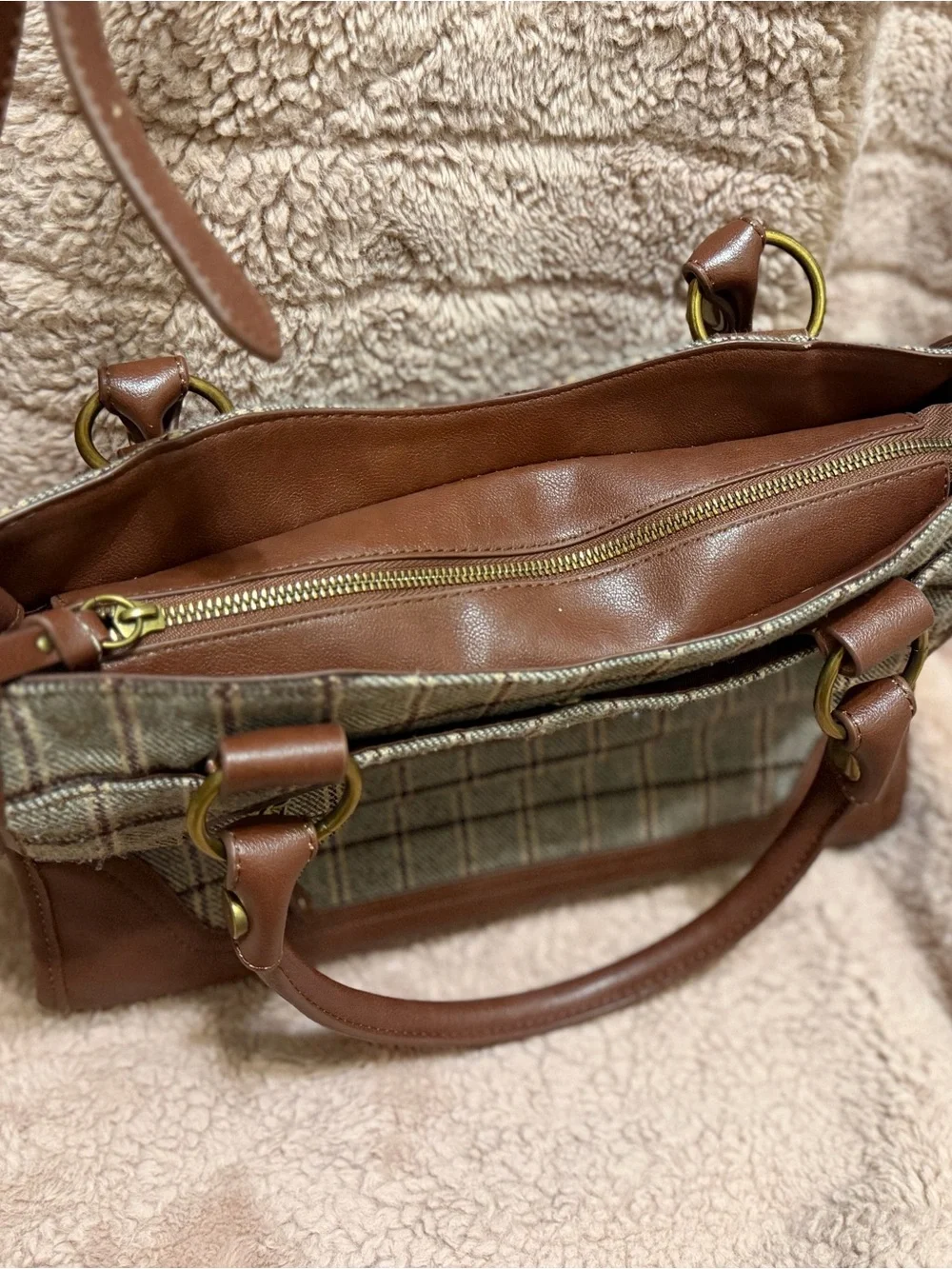 Frye & Co Brown Plaid Satchel Crossbody Bag Tweed Shoulder Purse